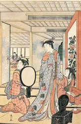 Vrouw voor spiegel, door Katsukawa Shunsho, Japanse beschaving