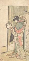 Een courtisane die naar haar spiegelbeeld kijkt in een handspiegel, ca. 1787