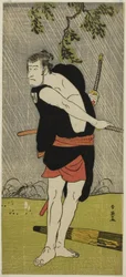 De acteur Ichikawa Komazo II als Ono Sadakuro in het toneelstuk Chuko Ryogoku Ori, opgevoerd in het Nakamura Theater in de zevende maand, 1790