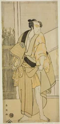 De acteur Ichikawa Monnosuke II als Hiranoya Tokubei () in het toneelstuk Waka Murasaki Edokko Soga (), opgevoerd in het Ichimura Theater () in de derde maand, 1792 ()