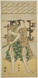 De acteur Ichikawa Omezo I als de bootsman Takihei () in het toneelstuk Ofunamori Ebi no Kaomise (), opgevoerd in het Kawarazaki Theater () in de Elfde Maand, 1792 ()