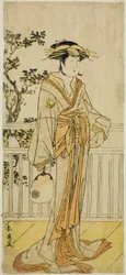 De acteur Iwai Hanshiro IV als Okumi van de Mieido Fan Shop () in het toneelstuk Sanjuk-koku Yobune no Hajimari (), opgevoerd in het Ichimura Theater () in de vijfde maand, 1789 ()