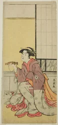 De acteur Iwai Hanshiro IV als Yae (), in het toneelstuk Sugawara Denju Tenarai Kagami (), Opgevoerd in het Kiri Theater () in de zevende maand, 1788 ()
