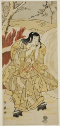 De acteur Iwai Hanshiro IV als een jongen die op zijn handen blaast naast een grote sneeuwbal, in het toneelstuk Nigiwai Genji Hana Saku Kado, opgevoerd in het Kawarazaki Theater in de Elfde Maand, 1793
