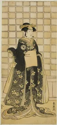 De acteur Iwai Kiyotaro II als Lady Itohagi () in het toneelstuk Genji Saiko Kogane Tachibana (), Opgevoerd in het Ichimura Theater () in de Elfde Maand, 1788 ()