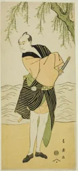 De acteur Sawamura Sojuro III als Ume no Yoshihei in het toneelstuk Suda no Haru Geisha Katagi, opgevoerd in het Kiri Theater in de eerste maand, 1796