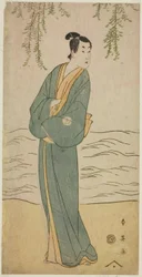 De acteur Segawa Kikunojo III als Chokichi in het toneelstuk Suda no Haru Geisha Katagi, opgevoerd in het Kiri Theater in de eerste maand, 1796