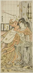 De acteur Segawa Kikunojo III als de drakenmaagd vermomd als Osaku in het toneelstuk Sayo no Nakayama Hiiki no Tsurigane, opgevoerd in het Nakamura Theater in de Elfde Maand, 1790