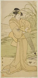 De acteur Yamashita Kinsaku II als Okaya in het toneelstuk Yomogi Fuku Noki no Tamamizu, opgevoerd in het Kiri Theater in de vijfde maand, 1795