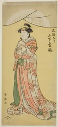 De acteur Yamashita Kinsaku II als het dienstmeisje Tsumagi in het toneelstuk "Otokyama O-Edo no Ishizue," opgevoerd in het Kiri Theater in de elfde maand, 1794