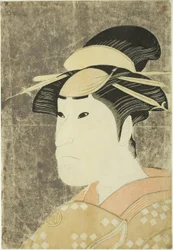 De acteur Sanogawa Ichimatsu III als de Gion prostituee Onayo in het stuk "Hana-ayame Bunroku Soga," uitgevoerd in het Miyako Theater in de vijfde maand
