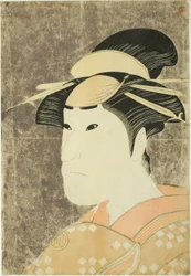 De acteur Sanogawa Ichimatsu III als de Gion-prostituee Onayo in het toneelstuk "Hana-ayame Bunroku Soga," opgevoerd in het Miyako Theater in de vijfde maand, 1794.