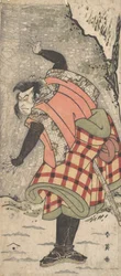 Ongeïdentificeerde acteur als een Kyokaku staand aan de voet van een klif in een sneeuwstorm, ca. 1793