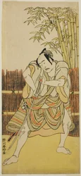 De acteur Bando Mitsugoro I als Ogata no Saburo vermomd als Yoroya Takiemon in het toneelstuk Mure Takamatsu Yuki no Shirahata, opgevoerd in het Ichimura Theater in de Elfde Maand, 1780