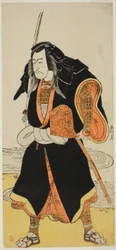De acteur Ichikawa Danjuro V, waarschijnlijk als Ise no Saburo vermomd als Sanjo Uemon, leider van een roversbende, in deel twee van het toneelstuk Fude-hajime Kanjincho (Eerste kalligrafie van het nieuwe jaar: Kanjincho [De intekenlijst]), opgevoerd in