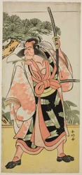 De acteur Ichikawa Danjuro V als Kajiwara Genta Kagesue in het toneelstuk Yuki Nazuna Saiwai Soga, opgevoerd in het Kiri Theater in de eerste maand, 1787