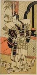 De acteur Ichikawa Danjuro V als Kajiwara Heiji () in het toneelstuk Hiragana Seisuiki (), opgevoerd in het Morita Theater () in de derde maand, 1776 ()