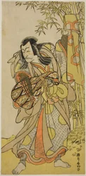 De acteur Ichikawa Danjuro V als Kazusa no Akushichibyoe Kagekiyo vermomd als blinde hofmuzikant (Kengyo) in het toneelstuk Edo Meisho Midori Soga, opgevoerd in het Morita Theater in de vierde maand, 1779