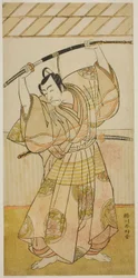 De acteur Ichikawa Danjuro V als Taira no Munekiyo () uit het toneelstuk Kitekaeru Nishiki no Wakayaka (), Opgevoerd in het Nakamura Theater () in de Elfde Maand, 1780 ()