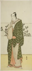 De acteur Ichikawa Monnosuke II, mogelijk als Matsuya Soshichi, in het toneelstuk Chiyo no Hajime Ondo no Seto (Begin van de Eeuwigheid: De Ondo Straat in de Seto Binnenzee) (), Opgevoerd in het Kiri Theater vanaf de Zevenentwintigste Dag van de Zevende Ma