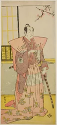 De acteur Ichikawa Omezo I als Koyurugi Motomenosuke () in het toneelstuk Haru no Nishiki Date-zome Soga (), opgevoerd in het Nakamura Theater () in de eerste maand, 1790 ()