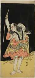 De acteur Nakamura Nakazo I als Ippei () in het toneelstuk Koi Nyobo Somewake Tazuna (), opgevoerd in het Ichimura Theater () in de achtste maand, 1778 ()