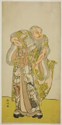 De acteur Sakata Hangoro II als Hige no Ikyu in het toneelstuk Shida Yakata Yotsugi no Hikibune, opgevoerd in het Ichimura Theater in de vijfde maand, 1782