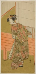 De acteur Segawa Kikunojo III als de courtisane Takamura van Onoteruya () in het toneelstuk Sugata no Hana Yuki no Kuromushi (), opgevoerd in het Ichimura Theater () in de Elfde Maand, 1776 ()