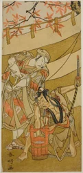 De acteurs Ichikawa Raizo II als Kojiro Masahira (rechts) en Ichikawa Danzo IV als Doi no Yataro (links), in het toneelstuk Kaomise Ama no Iwato, Opgevoerd in het Nakamura Theater in de Elfde Maand, 1774