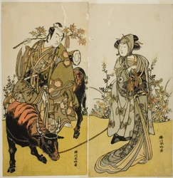 De acteurs Iwai Hanshiro IV als Okume (rechts), en Ichikawa Monnosuke II als Koshiba Yukienojo Vermomd als de Eboshi Verkoper Rokusaburo (links), in het stuk Katakiuchi Adana Kashiku, Opgevoerd in het Nakamura Theater in de Zevende Maand, 1779
