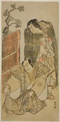 De acteurs Nakamura Nakazo I als Kagekiyo gekleed als een bedelaar (rechts), en Otani Hiroji III als Onio Shinzaemon (links), in het toneelstuk Kotobuki Banzei Soga, Opgevoerd in het Ichimura Theater in de derde maand, 1783