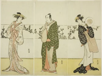 De acteurs Osagawa Tsuneyo II (rechts), Ichikawa Monnosuke II (midden), en Segawa Kikunojo III (links), mogelijk als Misao Gozen, Matsuya Soshichi, en de courtisane Kojoro van Hakata, in het toneelstuk Chiyo no Hajime Ondo no Seto (Het begin van de eeuwigh