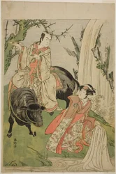 De acteurs Segawa Kikunojo III als prinses Hatsune (Hatsune Hime) (rechts), en Ichikawa Monnosuke II als Miyukinosuke Yukinari, in het toneelstuk Otokoyama Furisode Genji, Opgevoerd in het Kiri Theater in de Elfde Maand, 1785