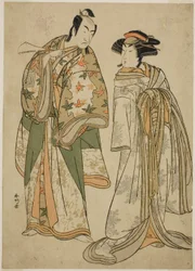 De acteurs Segawa Kikunojo III als de courtisane Sumizome (rechts), en Ichikawa Monnosuke II als Goinosuke Yoshimine (links), in het toneelstuk Juni-hitoe Komachi-zakura, Opgevoerd in het Kiri Theater in de Elfde Maand, 1784