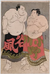 Volledige portretten van de worstelaars Onogawa Kisaburo, rechts en Tanizake Kajinosuke links