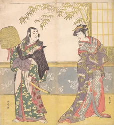 Kabuki-acteurs Sawamura Sojuro III en Sanogawa Ichimatsu III in Een Spiegel van een Courtisane, 1788