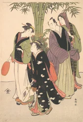 Kabuki Acteurs Segawa Kikunojo III en Ichikawa Monnosuke II en Twee Courtisanes Vieren