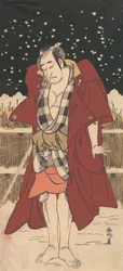 Onoe Matsusuke als man gewapend met een zwaard, staand in de sneeuw voor een hek