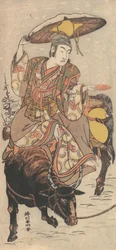 De acteur Matsumoto Koshiro IV op een os in een sneeuwstorm, ca. 1790