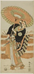 Acteurs Ichimura Uzaemon IX als Kajiwara Genta no Kagetoki (links), Segawa Kikunojô II als Yuki Onna (midden), en Arashi Sangorô II als Minamoto no Yoritomo (rechts) in "Watten van Izu die de huwelijkschrysanten beschermen" ("Miyoto-giku Izu no kisew").
