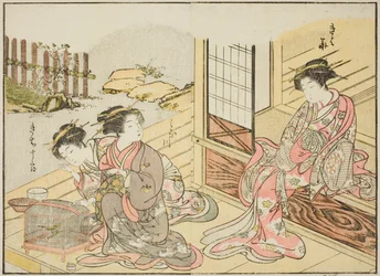 Courtisanes van de Kagemanjiya, uit het boek "Spiegel van Mooie Vrouwen van de Plezierkwartieren (Seiro bijin awase sugata kagami)," deel 1