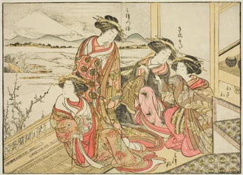 Courtisanes van de Obishiya, uit het boek "Spiegel van mooie vrouwen van de plezierwijken (Seiro bijin awase sugata kagami)," deel 2