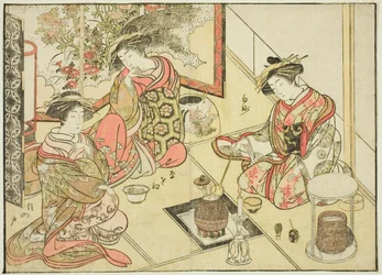 Courtisanes van de Okaneya, uit het boek "Spiegel van Mooie Vrouwen van de Plezierkwartieren (Seiro bijin awase sugata kagami)," deel 2