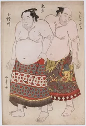 Volledige portretten van worstelaars uit de Oostelijke Groep, Uzugafuchi rechts en Onogawa links