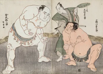 Onagawa Kisaburo en Tanikaze Kajinosuke voeren de Shiriki uit in de Dohyo, gescheidsrechterd door Kimura Shonosuke