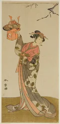 De acteur Arashi Hinaji I als Hananoi in het stuk Gosho-zakura Horikawa Youchi, uitgevoerd in het Ichimura Theater in de vierde maand, 1773