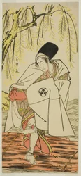 De acteur Bando Mitsugoro I als de Shinto-priester Goinosuke vermomd als de geest van een witte reiger, in het stuk Sakikaese Yuki no Miyoshino, uitgevoerd in het Morita Theater in de elfde maand, 1781