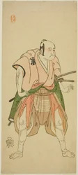 De acteur Bando Sampachi I als Yawata no Saburo (?) in het stuk Shuen Soga Omugaeshi (?), opgevoerd in het Ichimura Theater (?) in de tweede maand, 1768 (?)