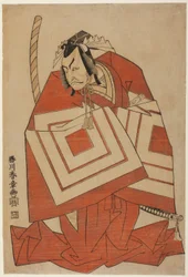 De acteur Ichikawa Danjuro IV in een "Shibaraku" rol, mogelijk uit het toneelstuk Ima o Sakari Suehiro Genji (The Genji Clan Now at Its Zenith), opgevoerd in het Nakamura Theater vanaf de eerste dag van de elfde maand, 1768.