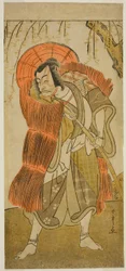 De acteur Ichikawa Danjuro V als Akushichibyoe Kagekiyo vermomd als bedelaar, in het stuk Tsukisenu Haru Hagoromo Soga, uitgevoerd in het Ichimura Theater in de derde maand, 1777